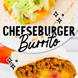 A close up shot of a Cheeseburger Burrito split in half on a plate and a overhead shot of burrito ingredients on a tortilla