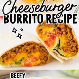 A close up shot of a Cheeseburger Burrito split in half on a plate and a overhead shot of burrito ingredients on a tortilla