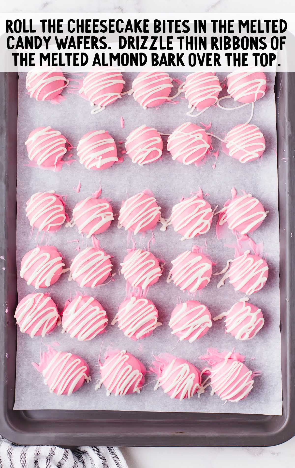thin ribbons drizzled on top of the bites on a baking sheet