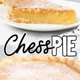 a close up shot of a slice of Chess Pie dusted with powdered sugar on a plate and a close up shot of a Chess Pie dusted with powdered sugar with a slice taken out