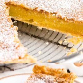 a close up shot of a Chess Pie on a cooling rack with a slice taken out and a close up shot of a slice of chess pie on a plate