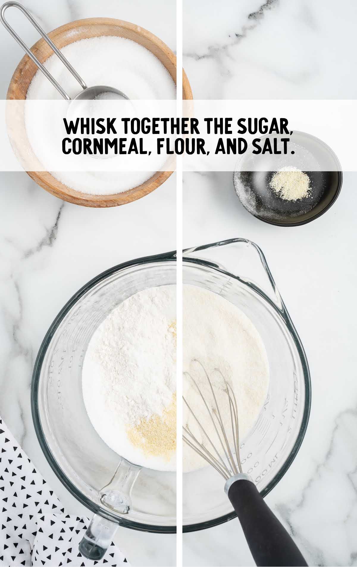 sugar, flour, cornmeal, and salt whisked in a bowl