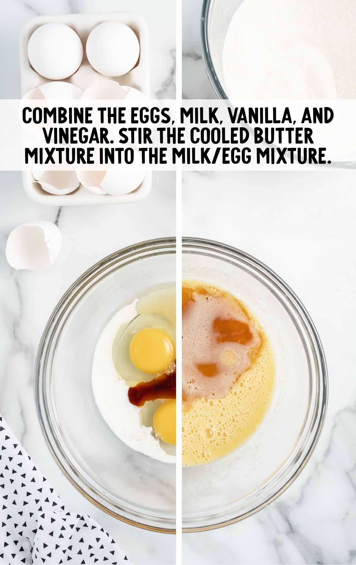 eggs, milk, vanilla, and vinegar whisked in a bowl