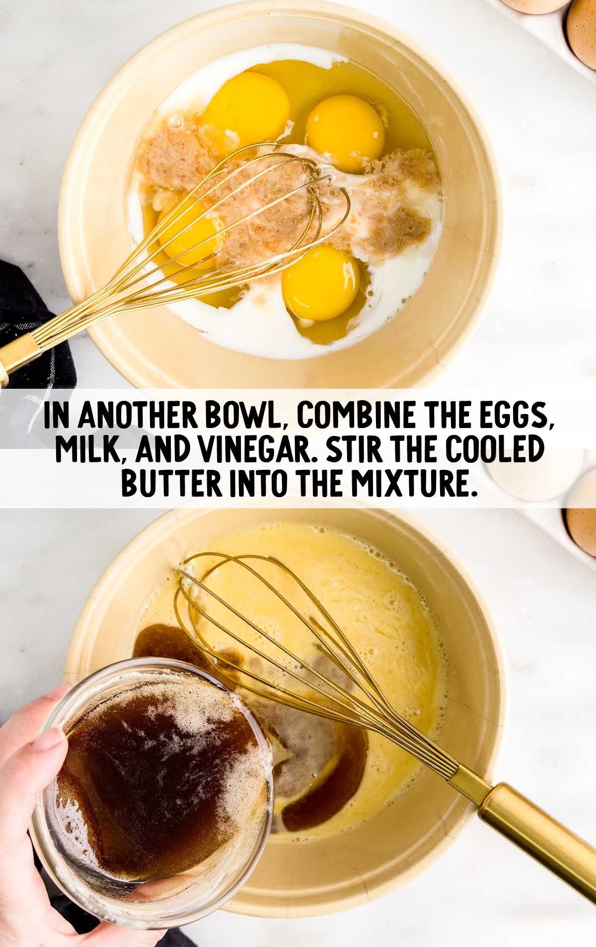 eggs, milk, and vinegar whisked in a bowl