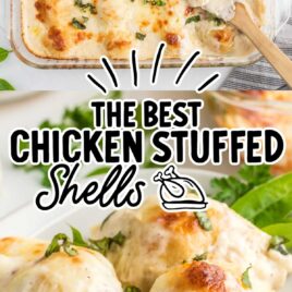 a overhead shot of Chicken Stuffed Shells in a baking dish with a wooden spoon getting a slice and a close up shot of chicken stuffed shells on a plate