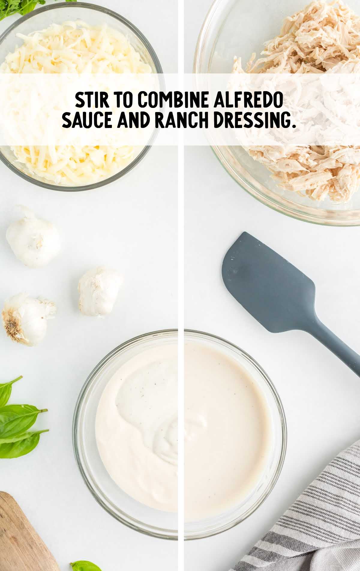 Alfredo sauce and ranch dressing stirred in a bowl