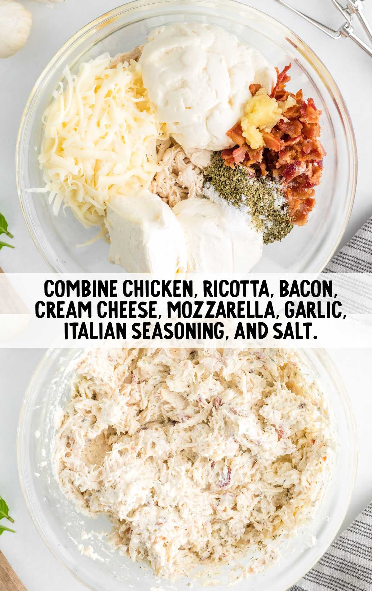 chicken, ricotta, bacon, cream cheese, mozzarella, garlic, Italian seasoning and salt combined in a bowl