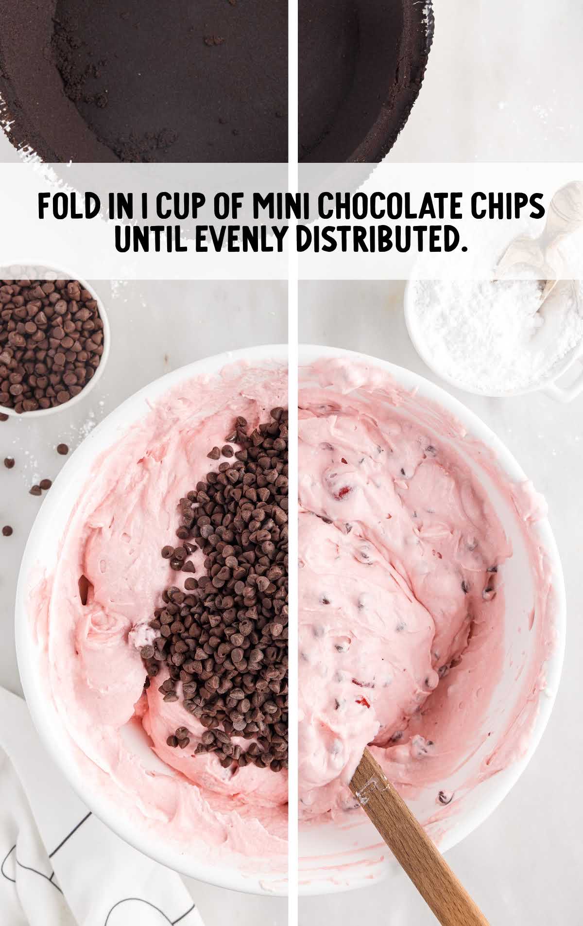 mini chocolate chips added to cherry pie filling and folded together in a bowl