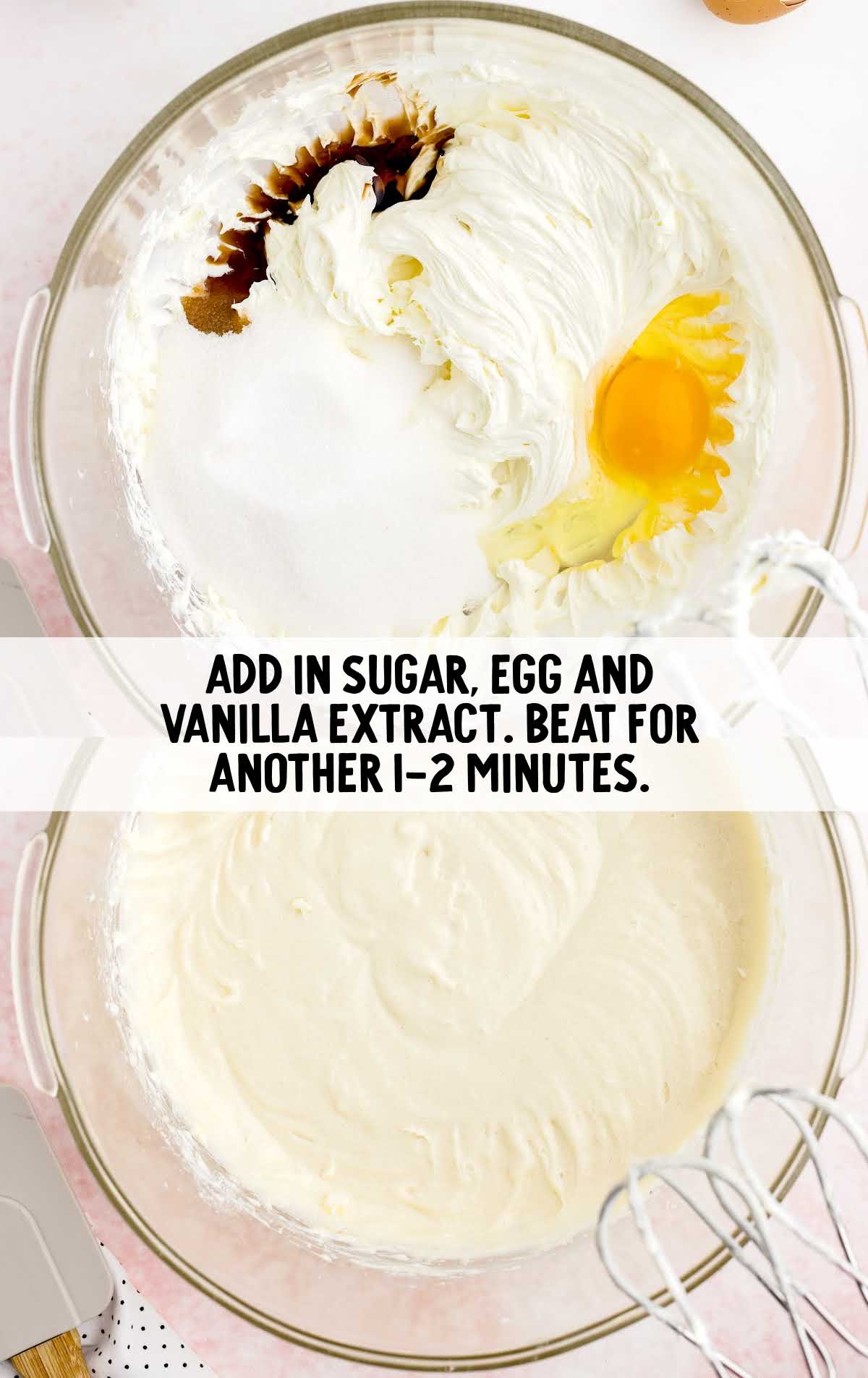 sugar, egg, and vanilla extract added to the sour cream mixture in a bowl