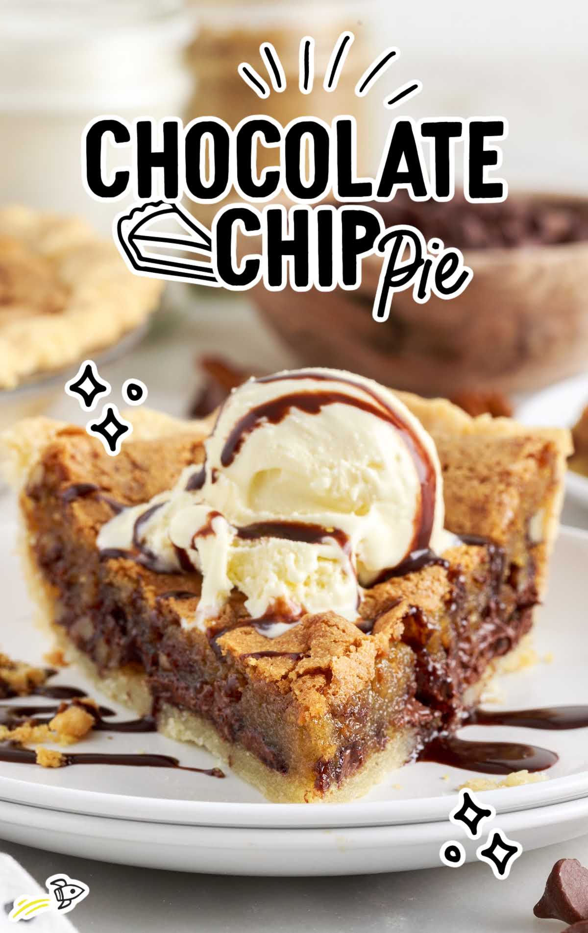 a close up shot of a slice of Chocolate Chip Pie on a plate