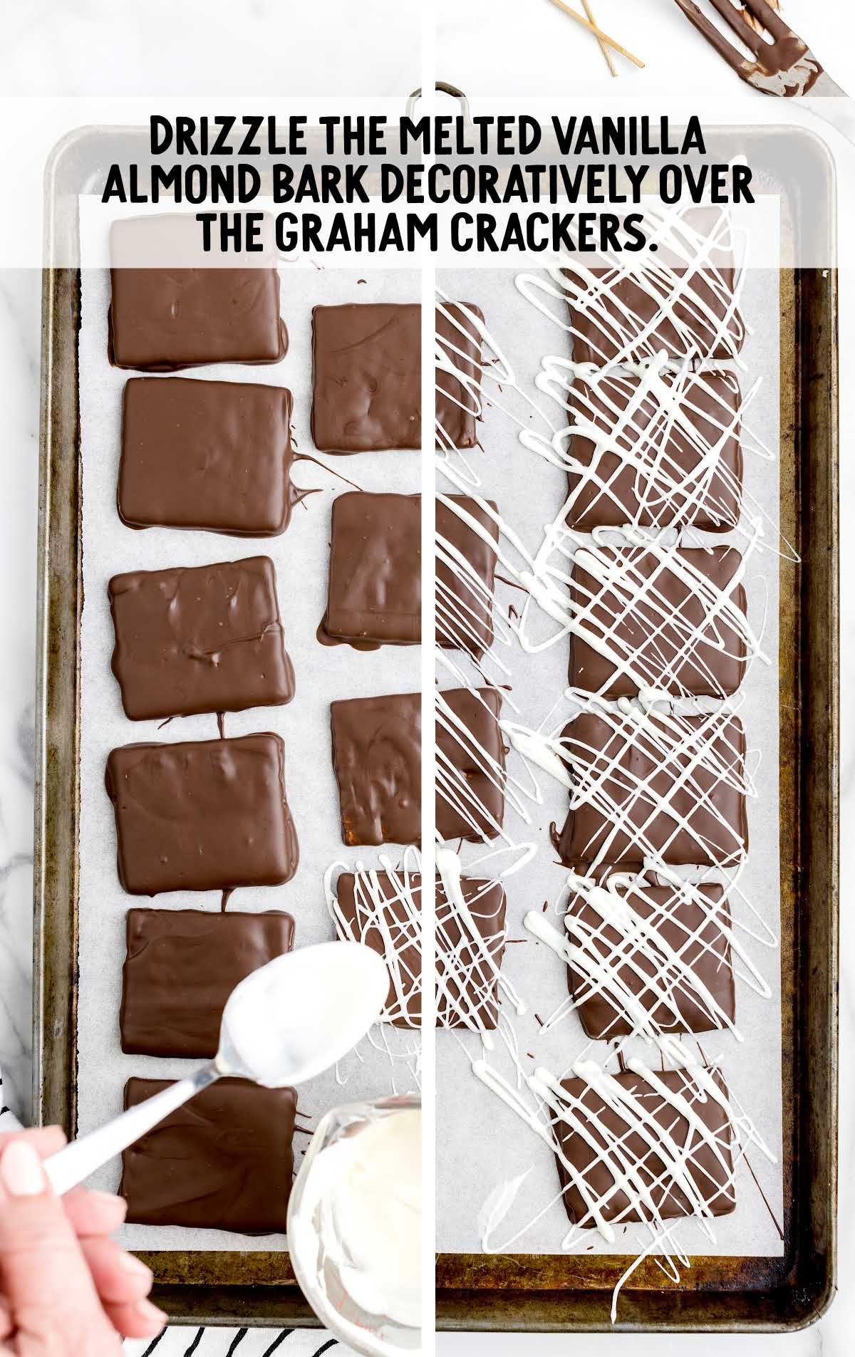 melted vanilla almond bark drizzled over the graham crackers on a baking sheet