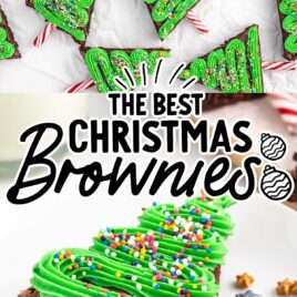 overhead shot of Christmas Brownies on a wooden board and close up shot of Christmas Brownies