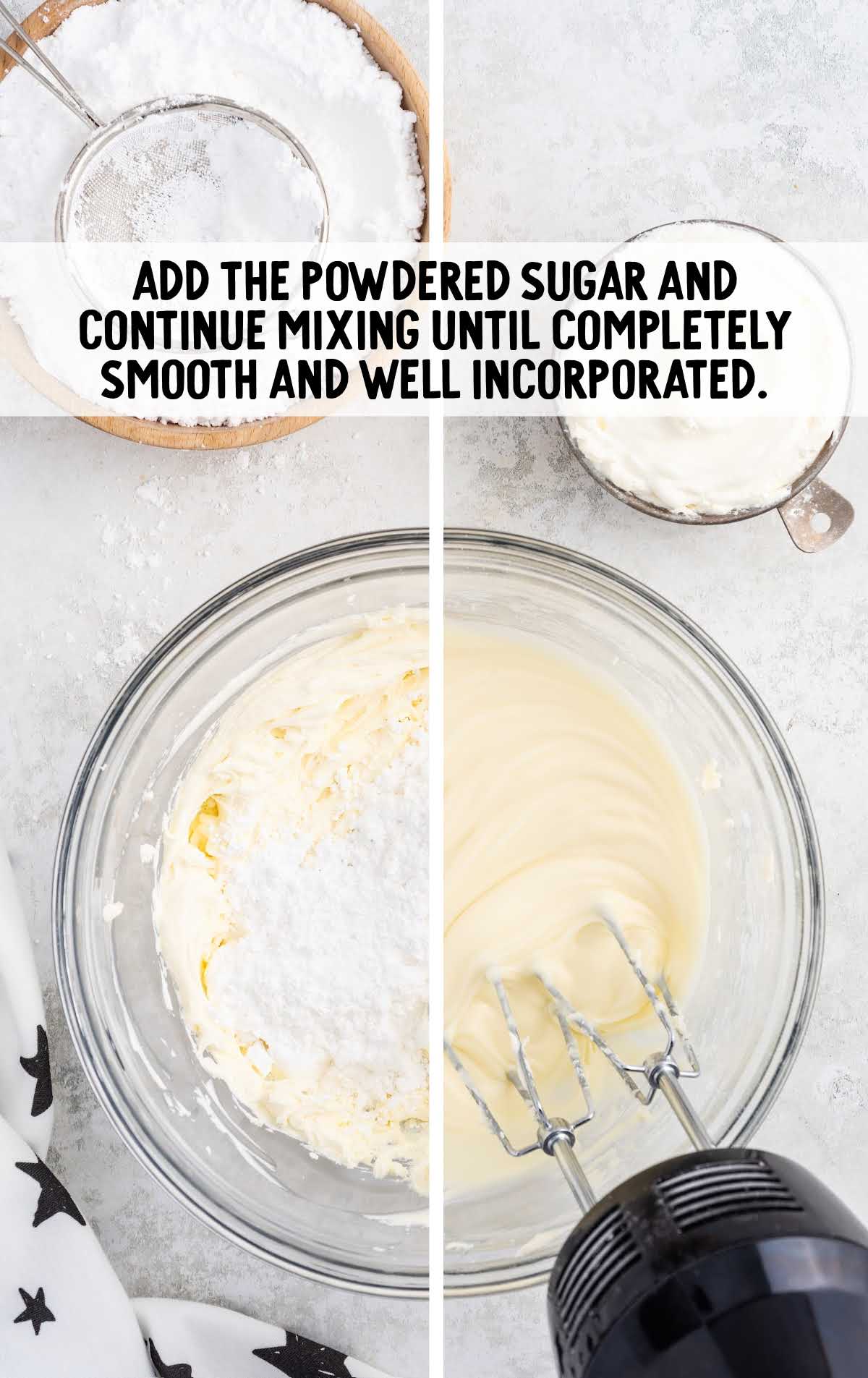 powdered sugar added to the vanilla mixture blended in a bowl