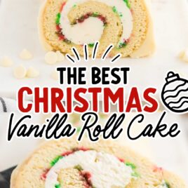 a close up shot of a slice of Christmas Vanilla Roll Cake on a spatula and a close up shot of Christmas Vanilla Roll Cake