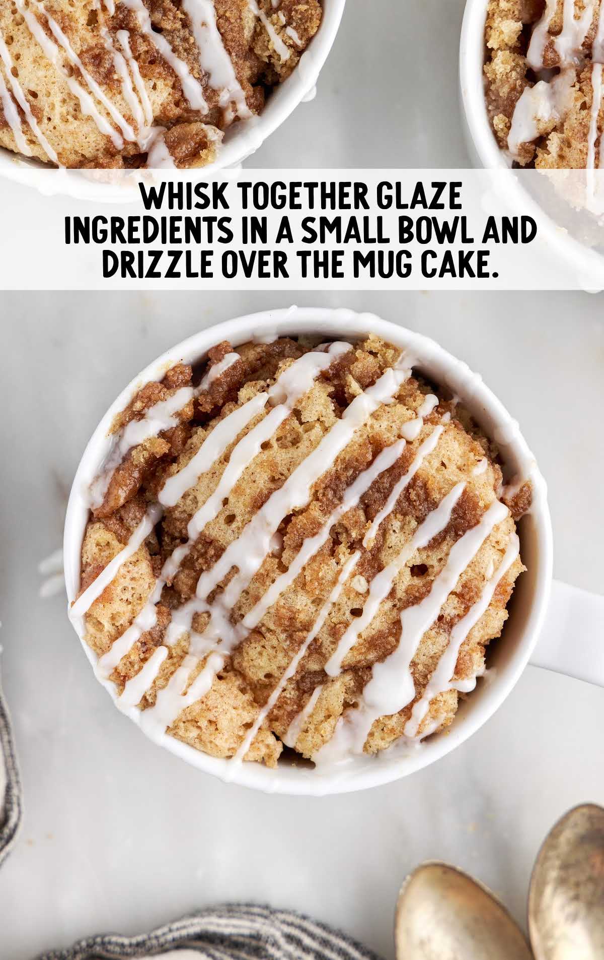 glaze ingredients whisked in a small bowl and drizzled over the mug cake