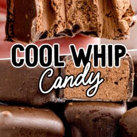a close up shot of a Cool Whip Candy with a bite taken out of it and a close up shot of a bunch of Cool Whip Candy stacked on top of each other and one split in half