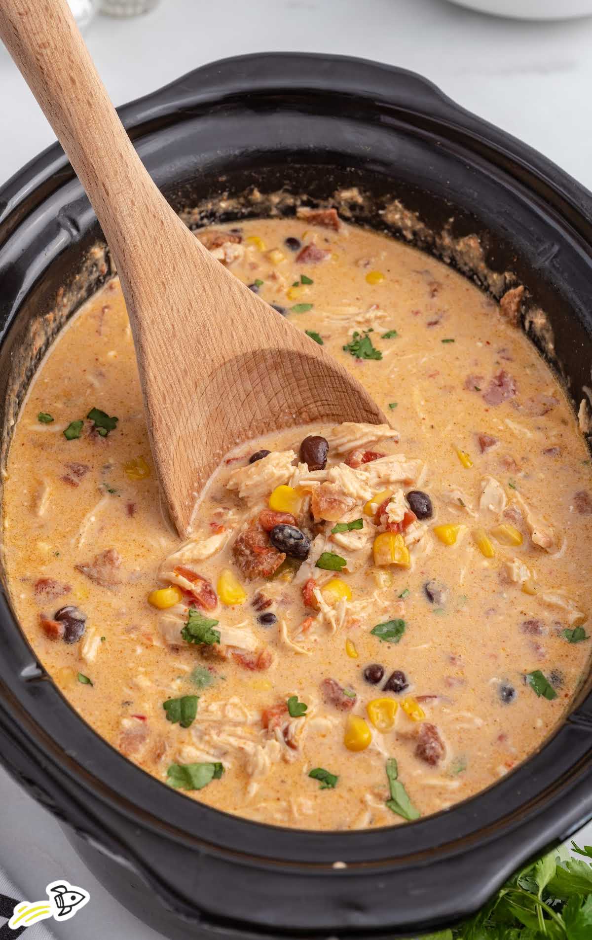 close up shot of Crack Chicken Chili in a crop pot