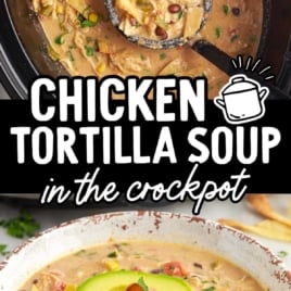 a crockpot of chicken tortilla soup with a large soup spoon and a bowl of soup