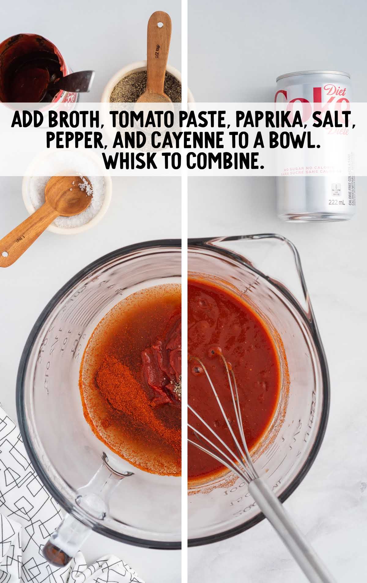 broth, tomato paste, paprika, salt, pepper, and cayenne whisked in a bowl