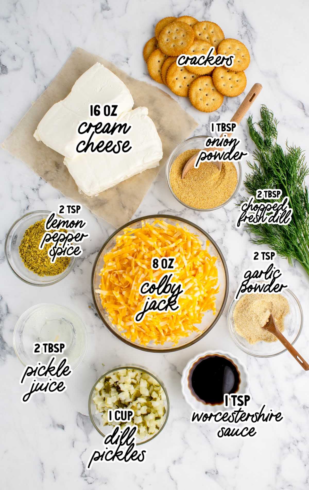 Dill Pickle Cheese Ball raw ingredients that are labeled