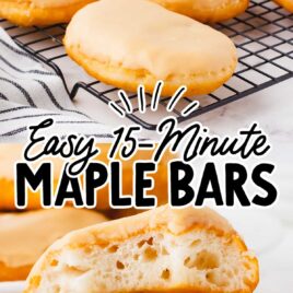 a close up shot of Easy 15-Minute Maple Bars on a plate split in half and a close up shot of Easy 15-Minute Maple Bars on a cooling rack
