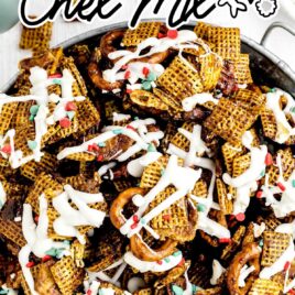 overhead shot of Gingerbread Chex Mix in a bowl