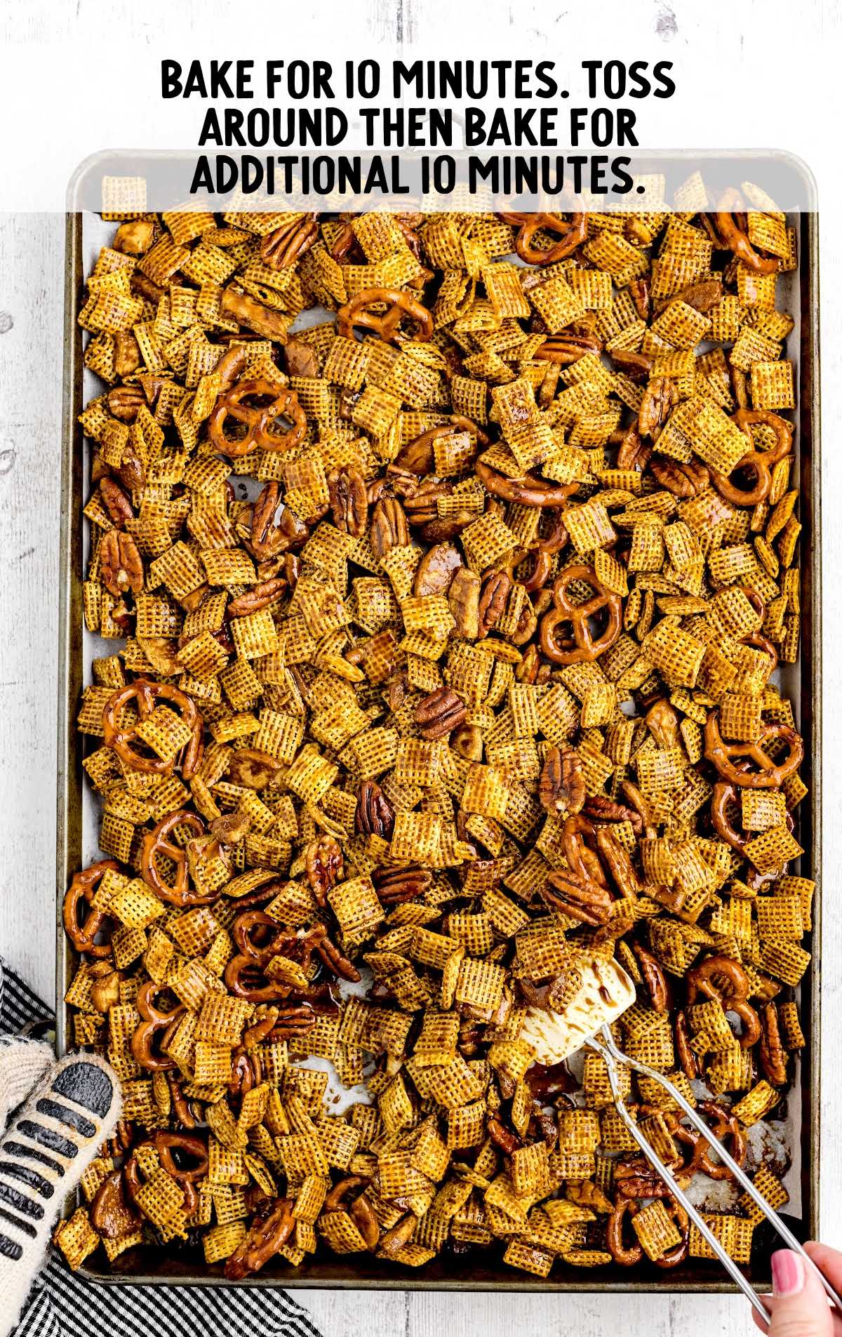 chex mix baked on a baking sheet