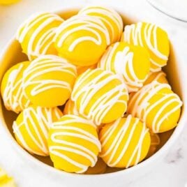 overhead shot of Lemon Cheesecake Bites in a bowl
