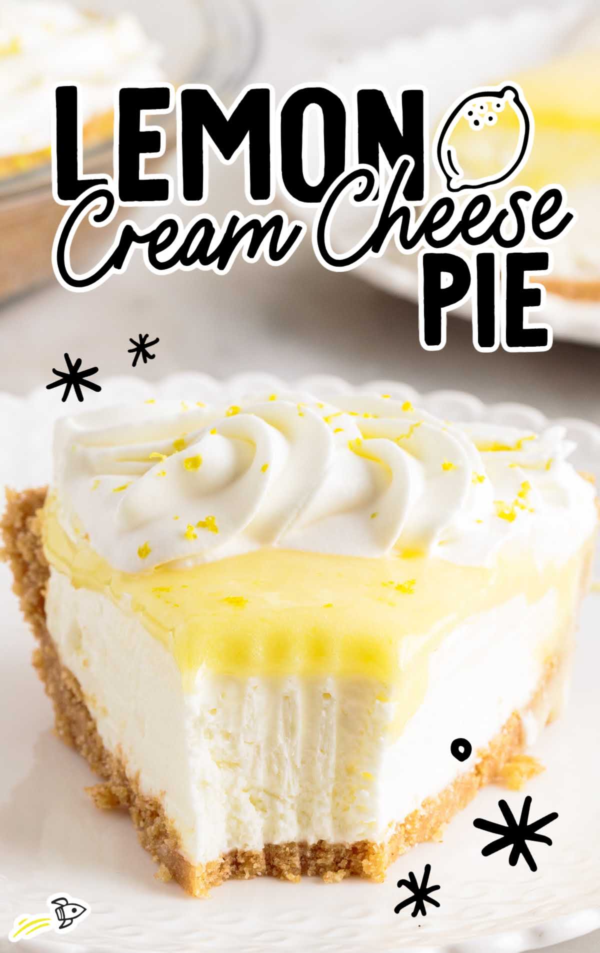 a close up shot of a slice of Lemon Cream Cheese Pie on a plate with a bite taken out of it