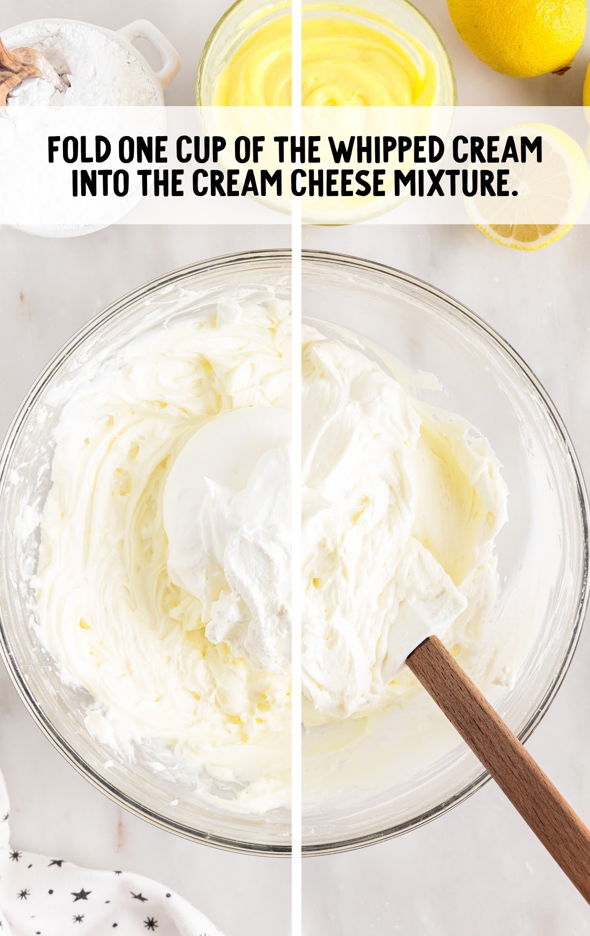 whipped cream folded with the cream cheese mixture in a bowl