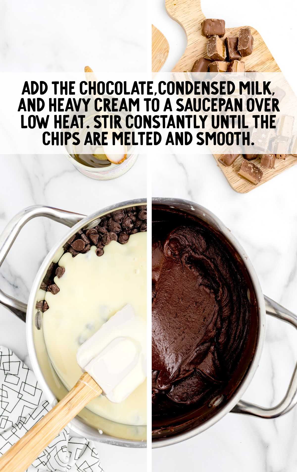 chocolate, condensed milk, and heavy cream folded in a pan