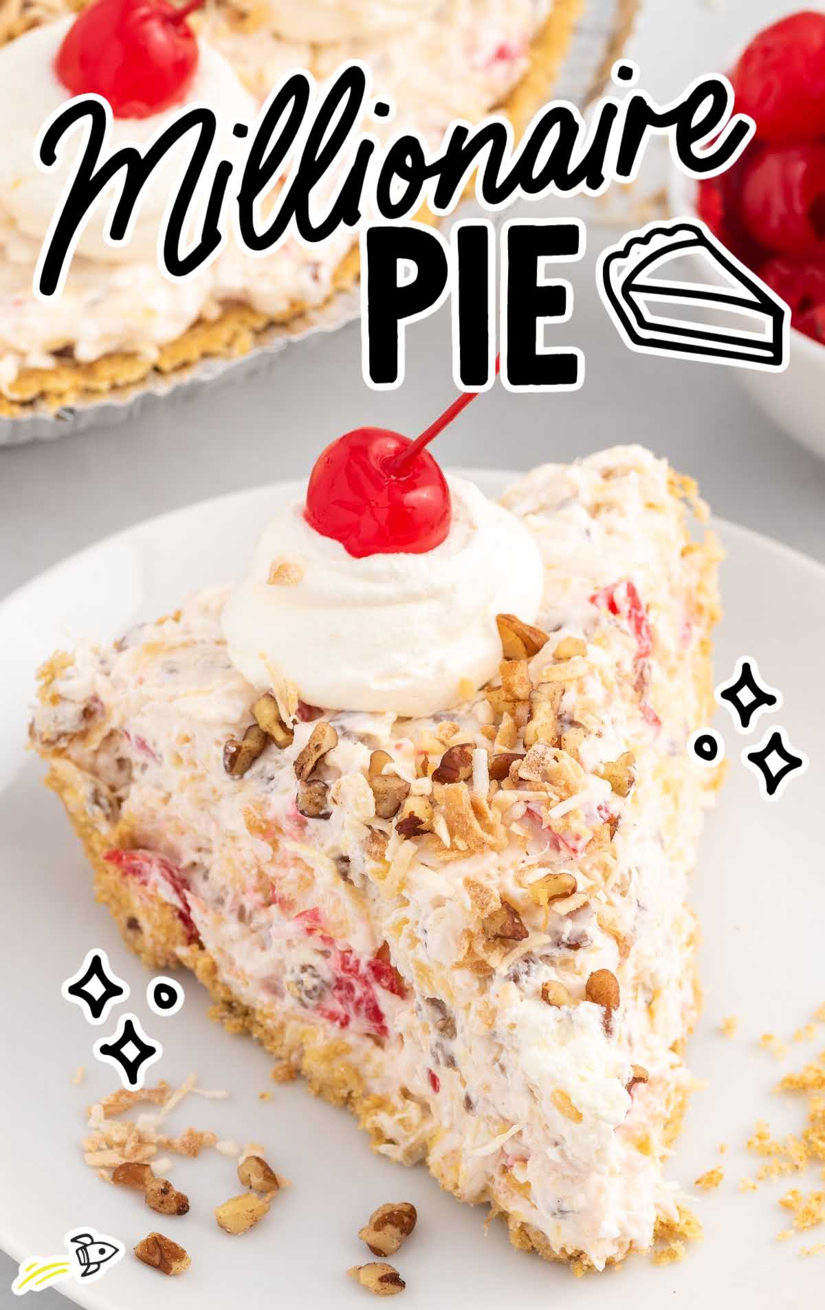 a close up shot of a slice of Millionaire Pie topped with whipped topping and a cherry on a plate