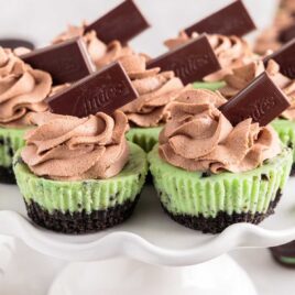a close up shot of Mini Mint Cheesecakes on a stand