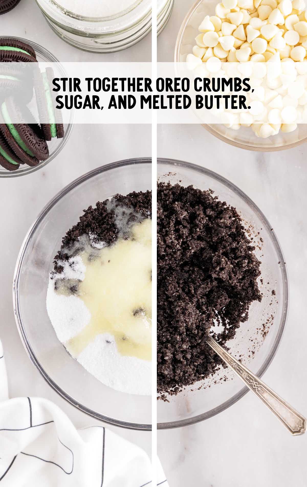 oreo crumbs, sugar, and melted butter folded in a bowl
