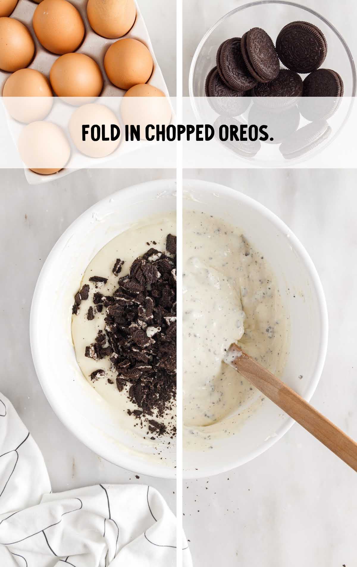 chopped Oreos folded into the cream cheese mixture in a bowl