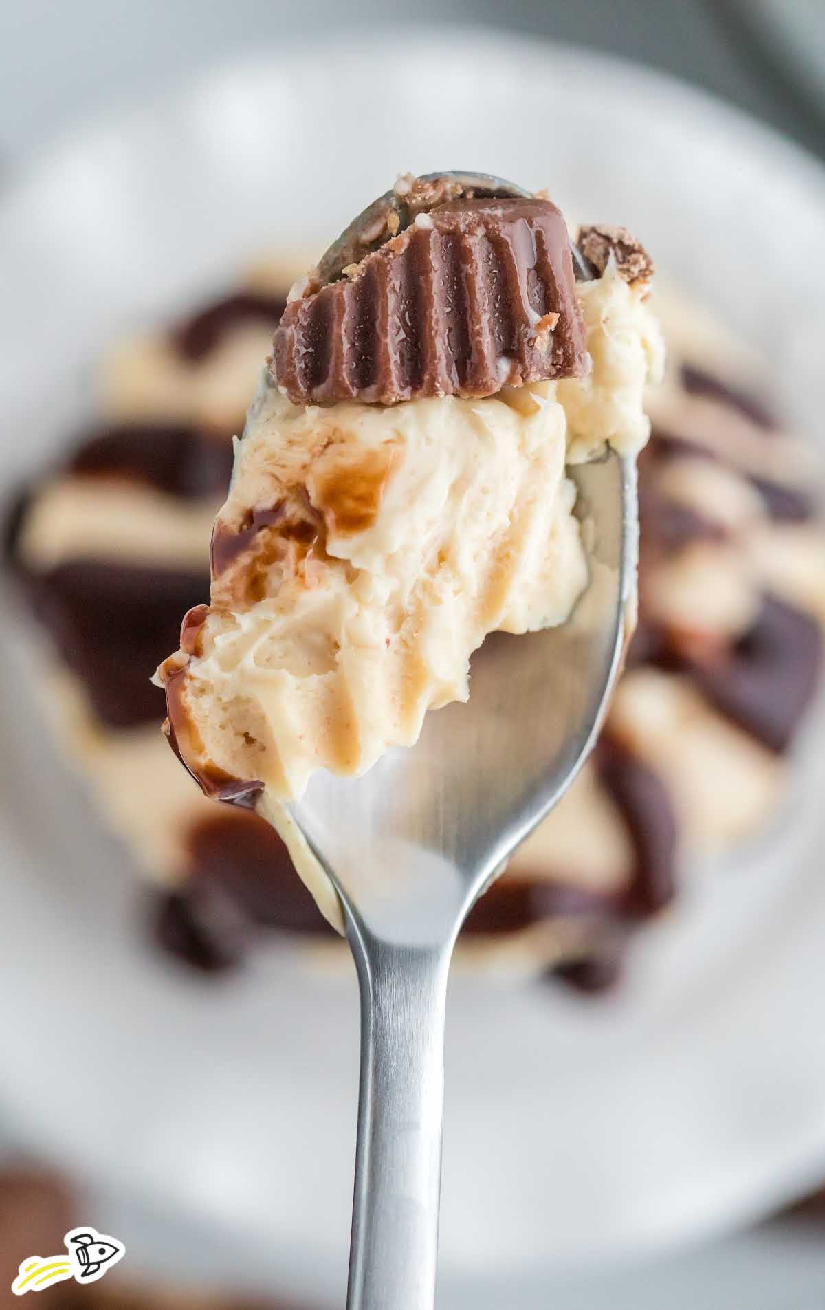 a close up shot of a spoon with a piece of Mini Peanut Butter Cheesecakes