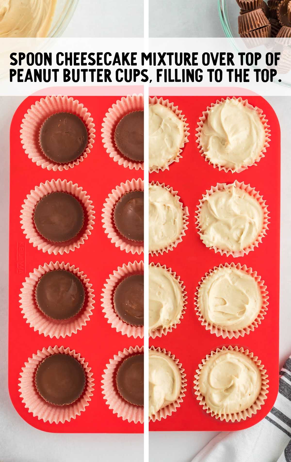 cheesecake mixture spooned over the peanut butter cups in a muffin tin