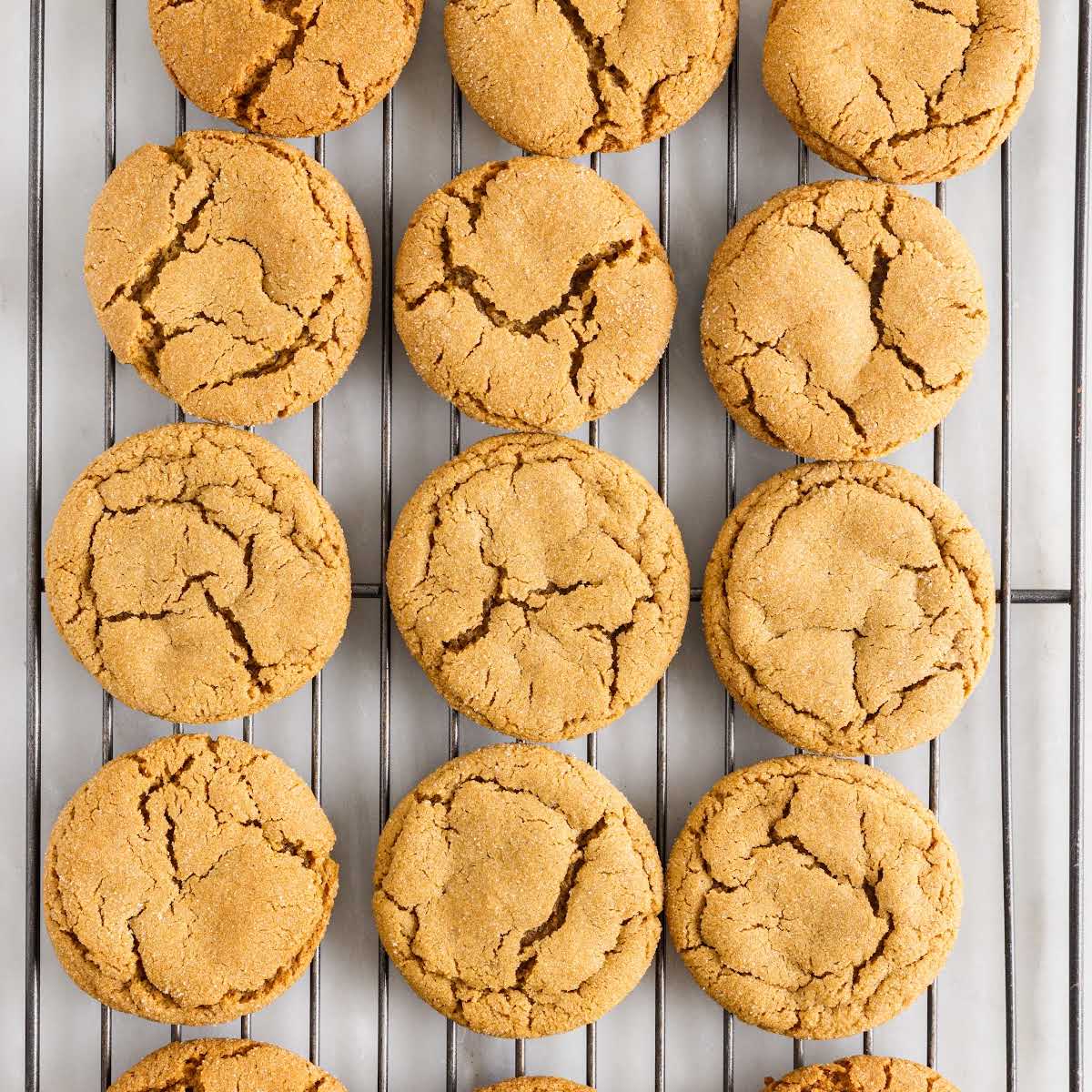 overhead shot of Molasses Cookies on a cooling rack