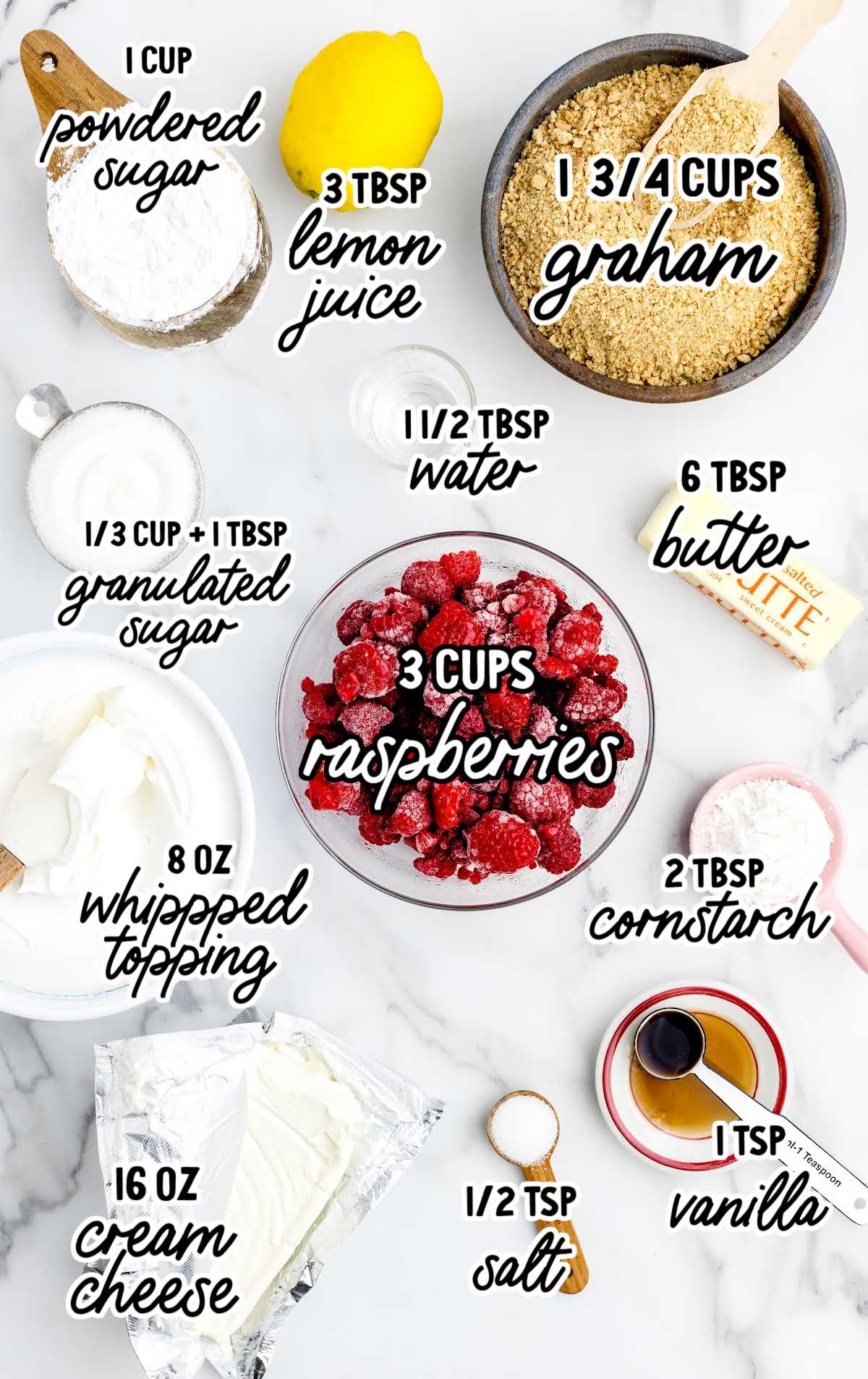 No Bake Raspberry Cheesecake raw ingredients that are labeled