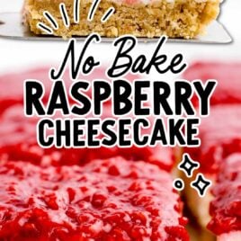 a slice of No Bake Raspberry Cheesecake on a plate and a close up shot of No Bake Raspberry Cheesecake pieces