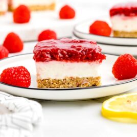 a slice of No Bake Raspberry Cheesecake on a plate