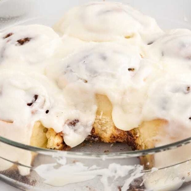 a close up shot of No yeast Cinnamon Rolls in a bowl