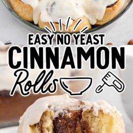 a close up shot of No yeast Cinnamon Rolls in a bowl and a close up shot of a slice of No yeast Cinnamon Rolls on a plate with a bite taken out of it