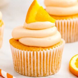 close up shot of Orange Creamsicle Cupcakes