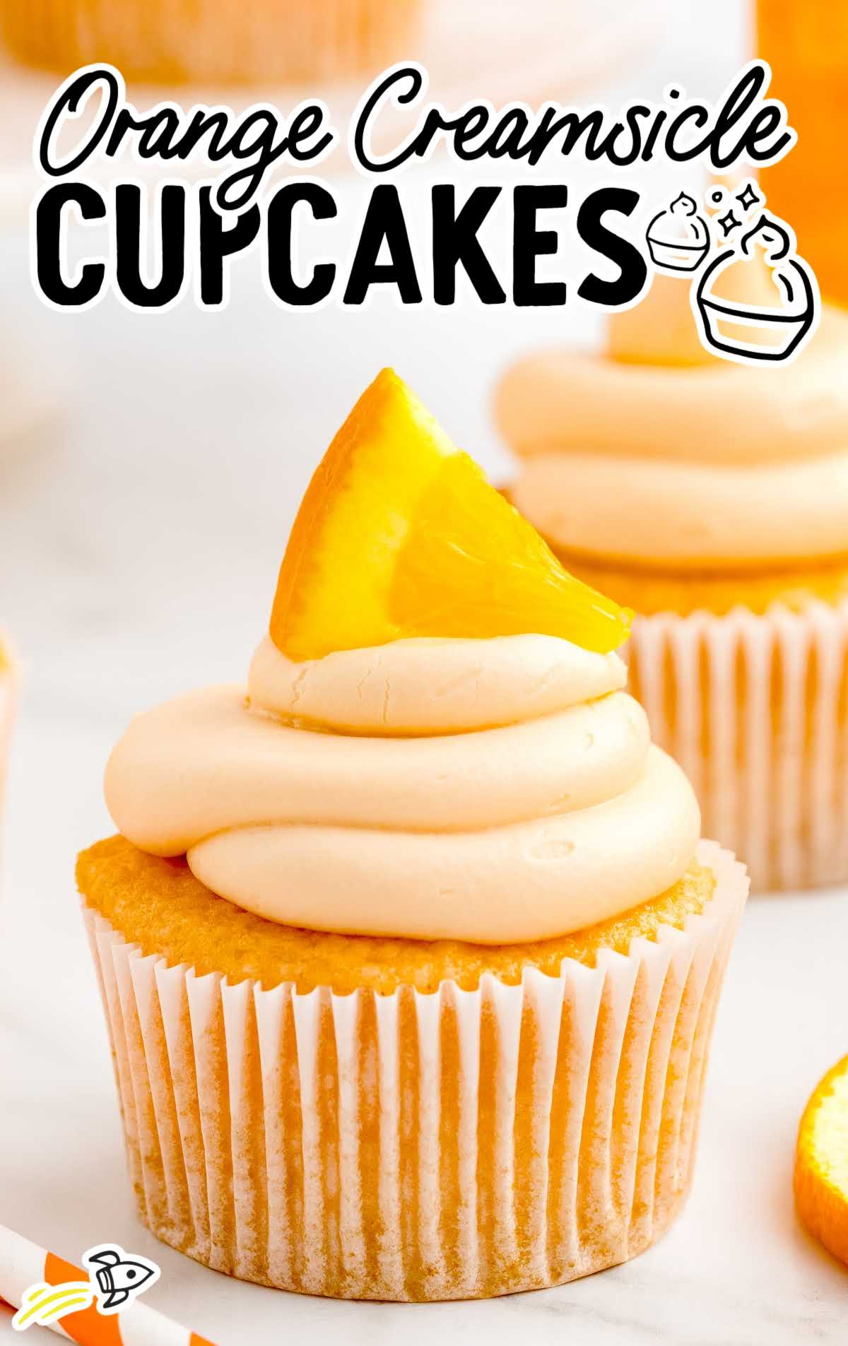 close up shot of Orange Creamsicle Cupcakes