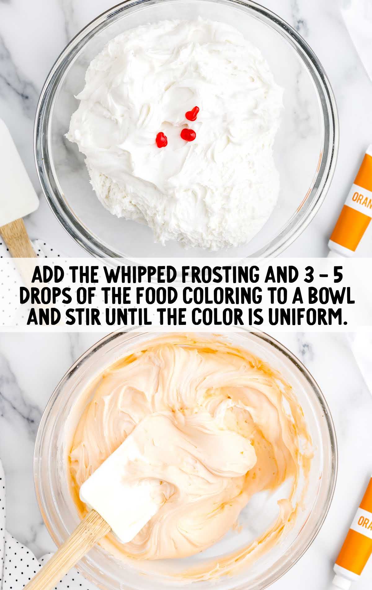 whipped frosting and food coloring folded in a bowl