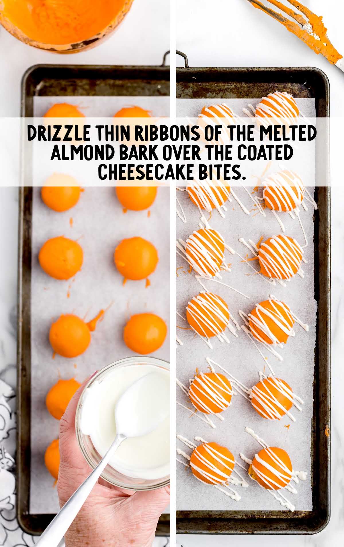 melted almond bark drizzled over the coated cheesecake bites on a baking sheet