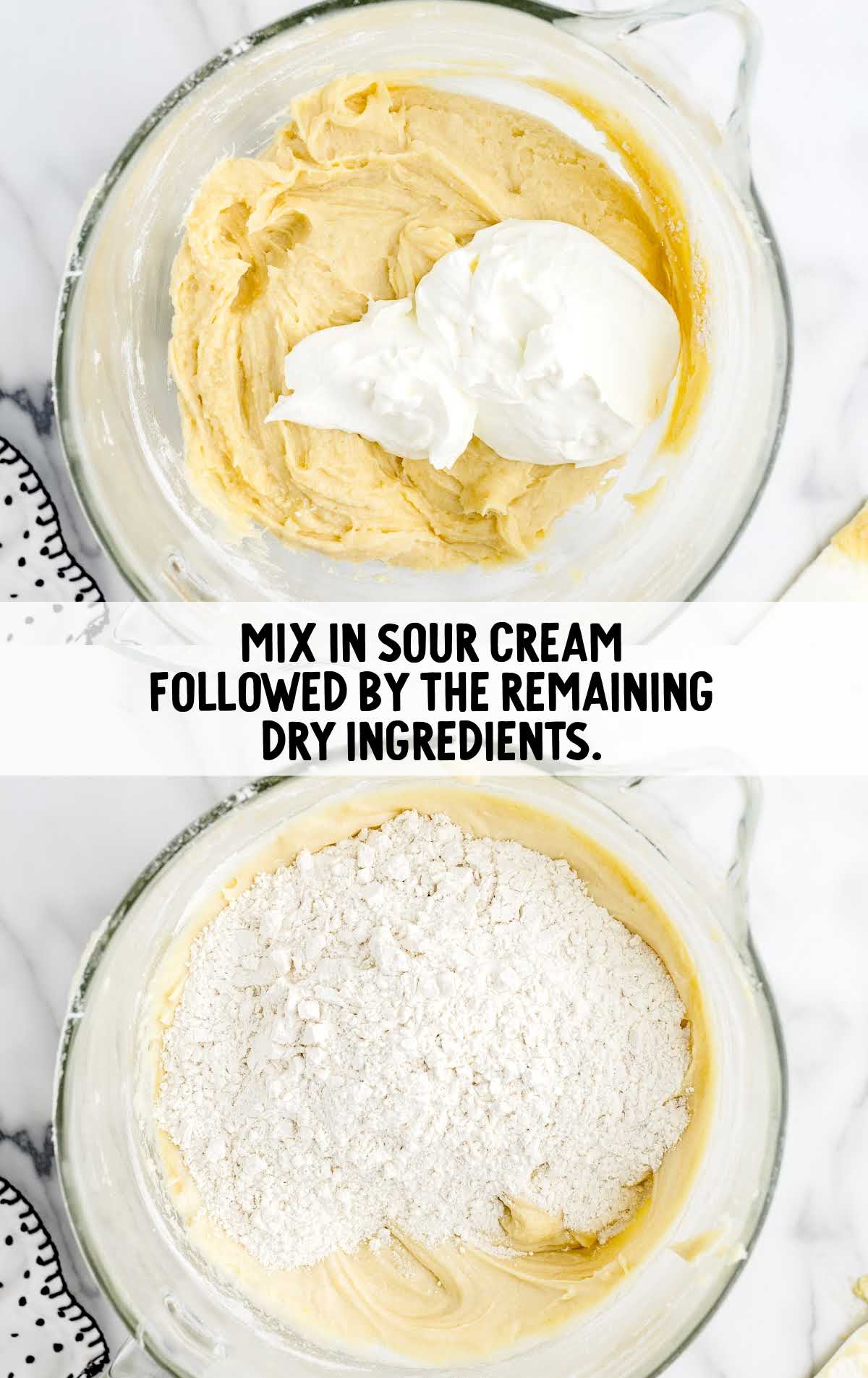 sour cream added to the dry ingredients in a bowl