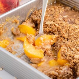 a close up shot of Peach Crisp with a spoon getting a piece