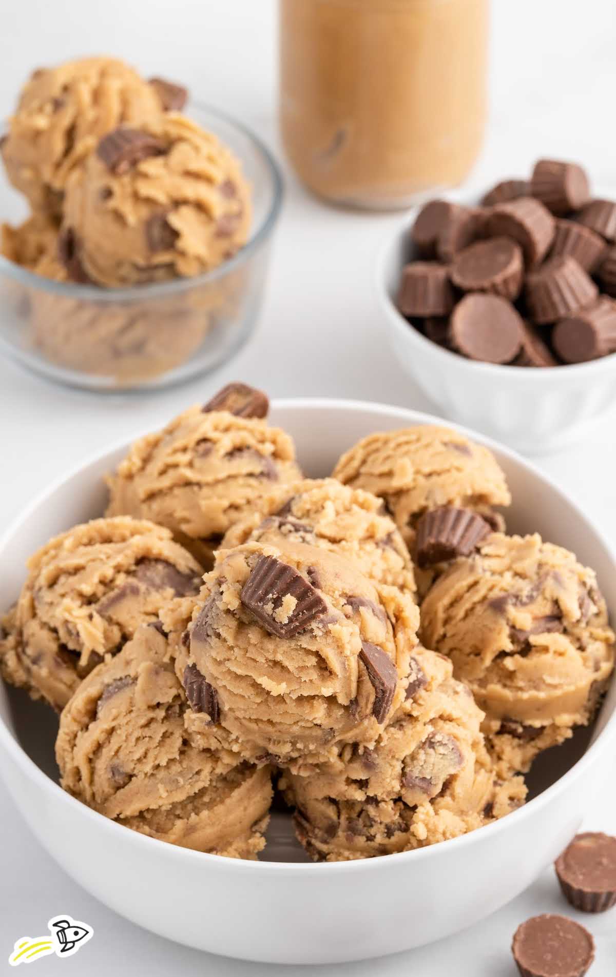 close up shot of scoops of Peanut Butter Cookie Dough in a bowl